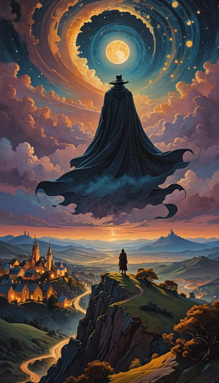 Mystical Village Under Starry Sky in Surreal Style