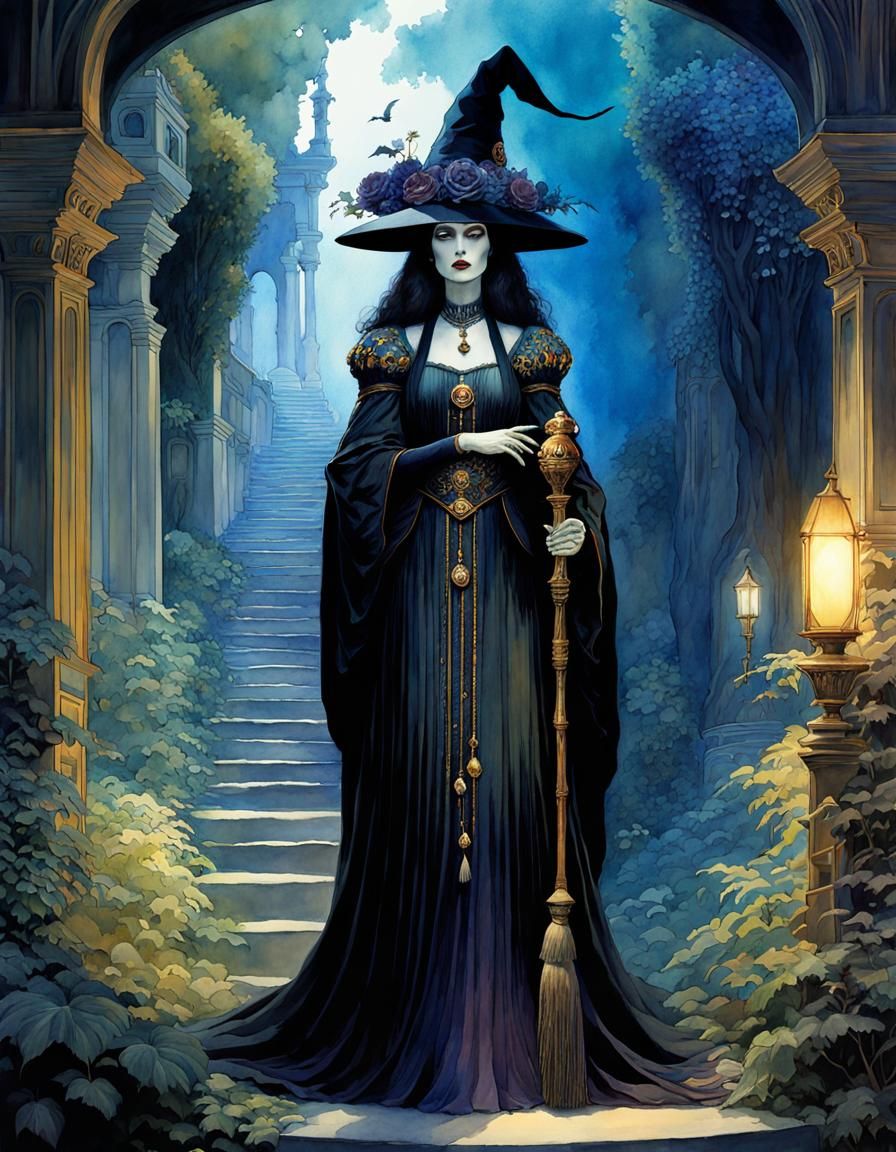 Italian Witch Queen in Watercolor Art Deco Style