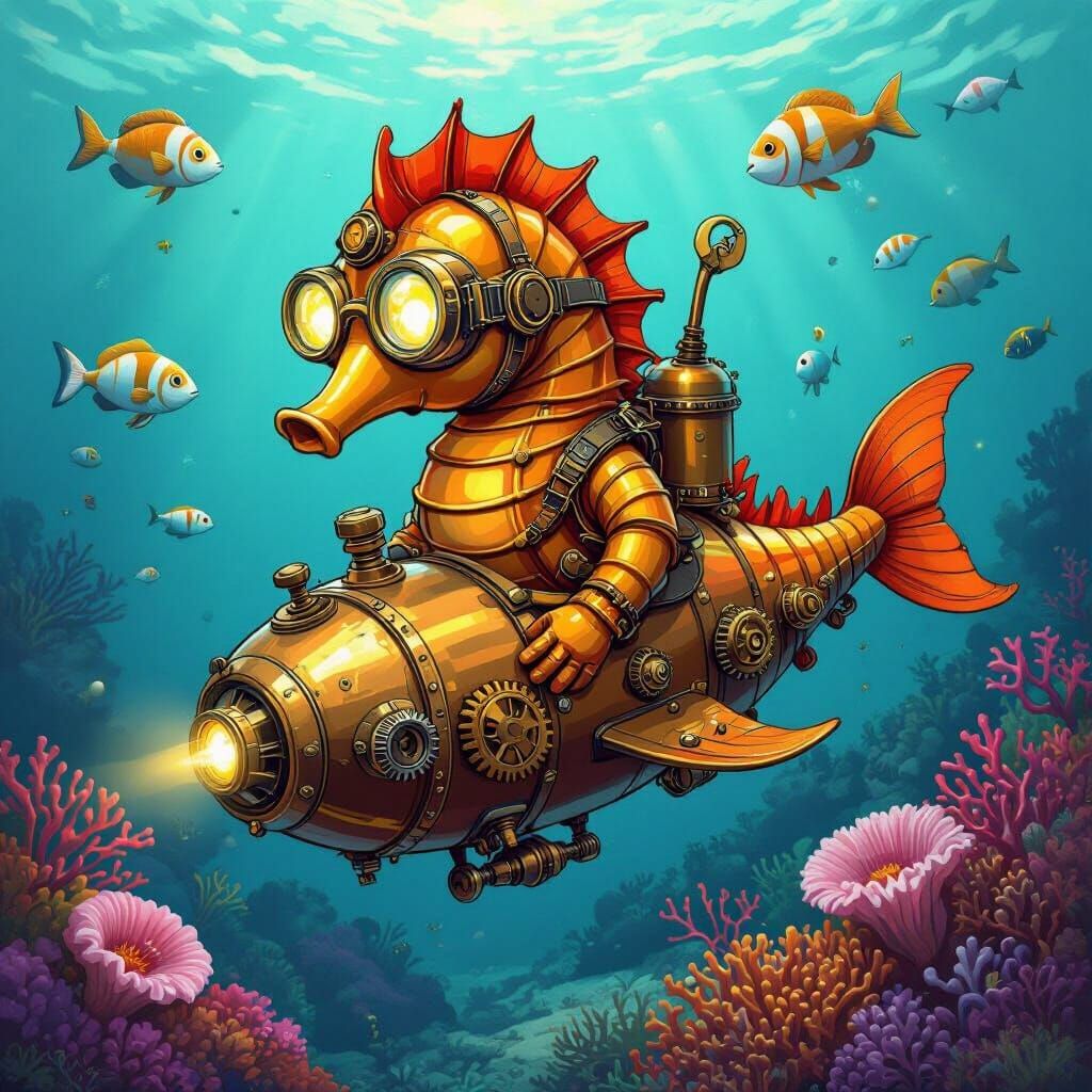 Steampunk Seahorse Submarine Adventure in Cartoon Style
