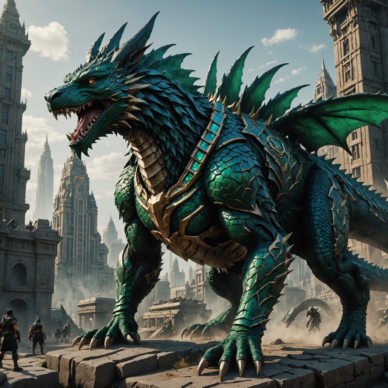 Emerald Anubis Godzilla Dragon in Detailed Matte Painting