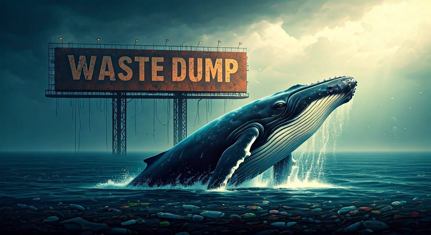 Majestic Whale Breaching Polluted Ocean in Dystopian Art