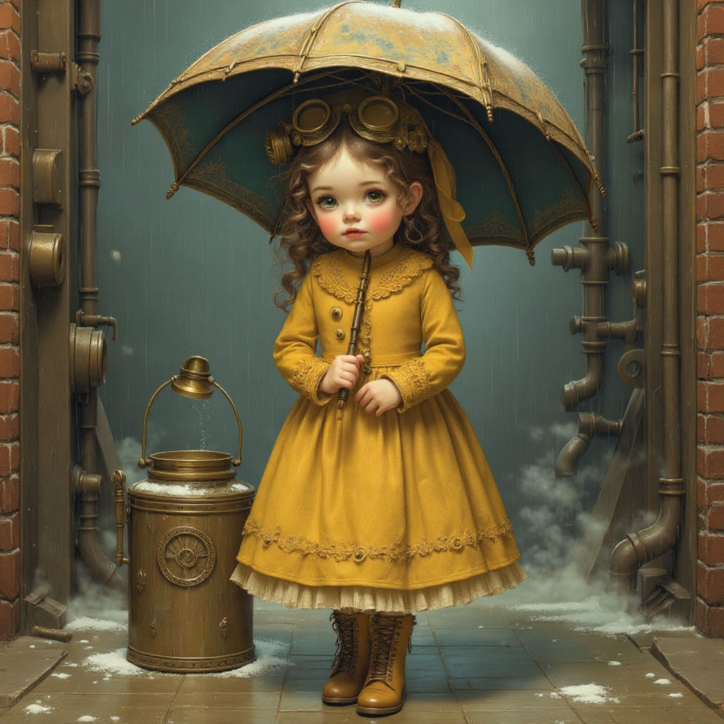 Steampunk Morton Girl with Ornate Umbrella in City Rain