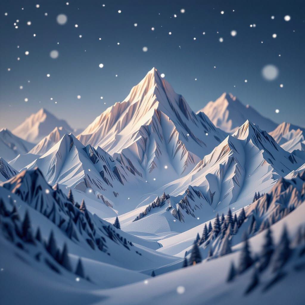 Origami Mountain Landscape with Falling Snow