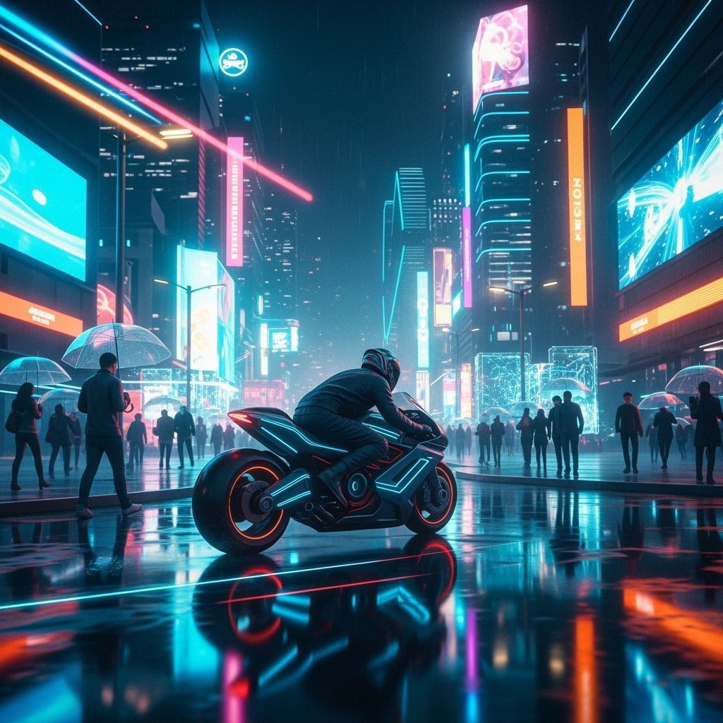 Futuristic Motorcycle Ride Through Neon Cityscape