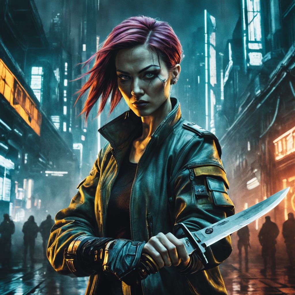 Cyberpunk Girl with Knife in Dystopian Cityscape