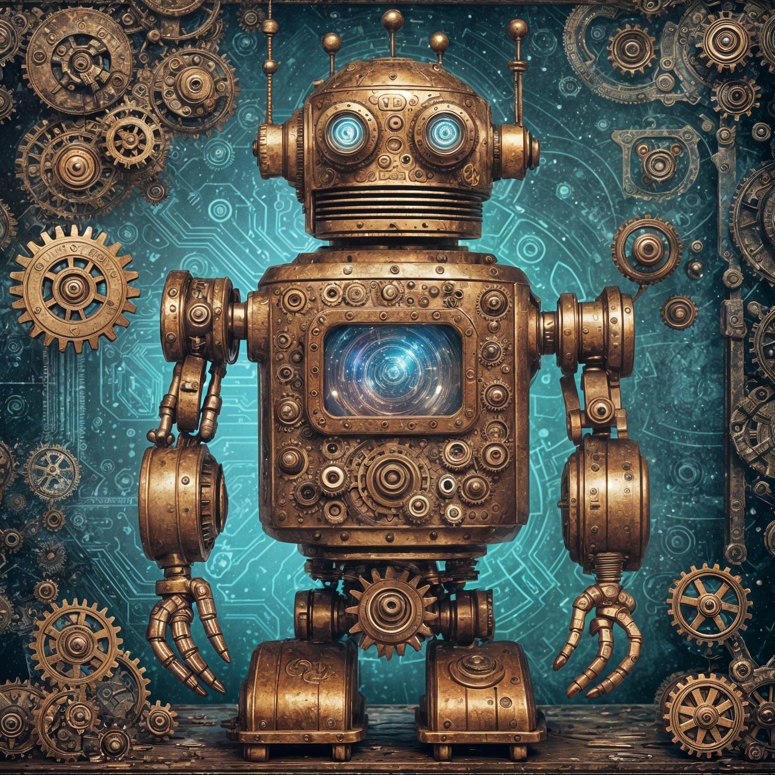 Vintage Gear Robot in Holographic Cosmic Illustration