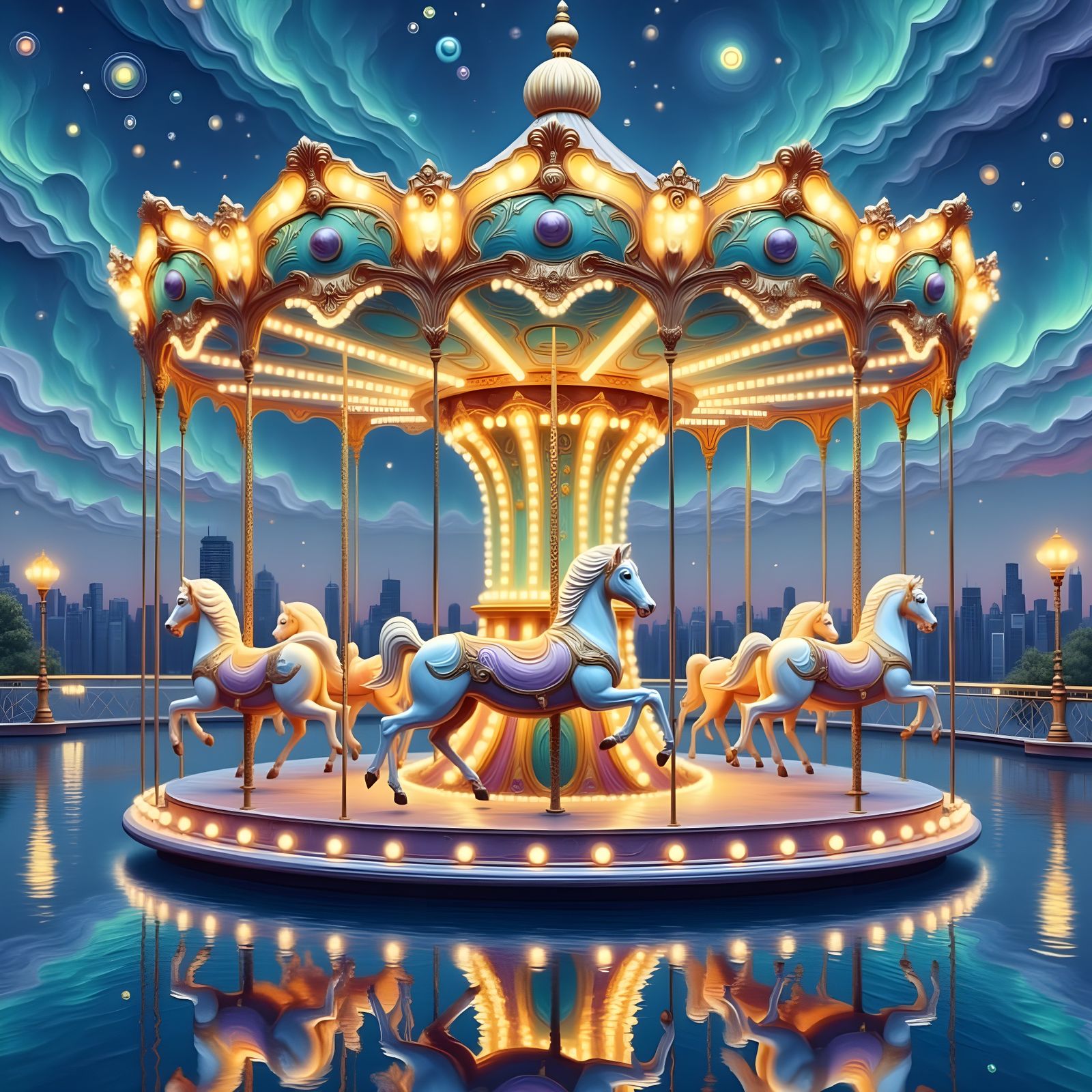 Whimsical Carousel at Twilight With City Lights
