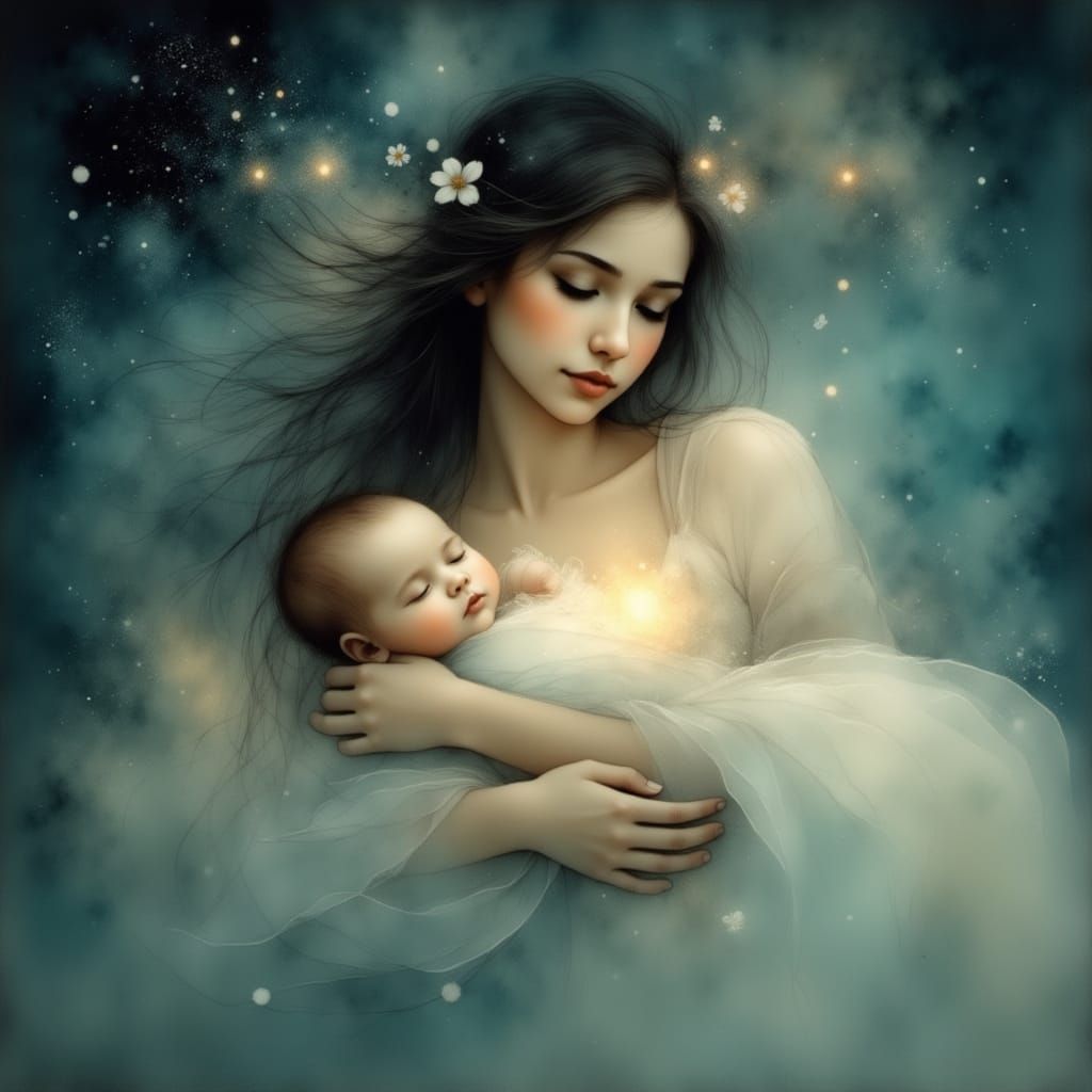 Surreal Mother and Child Portrait in Dreamlike Landscape
