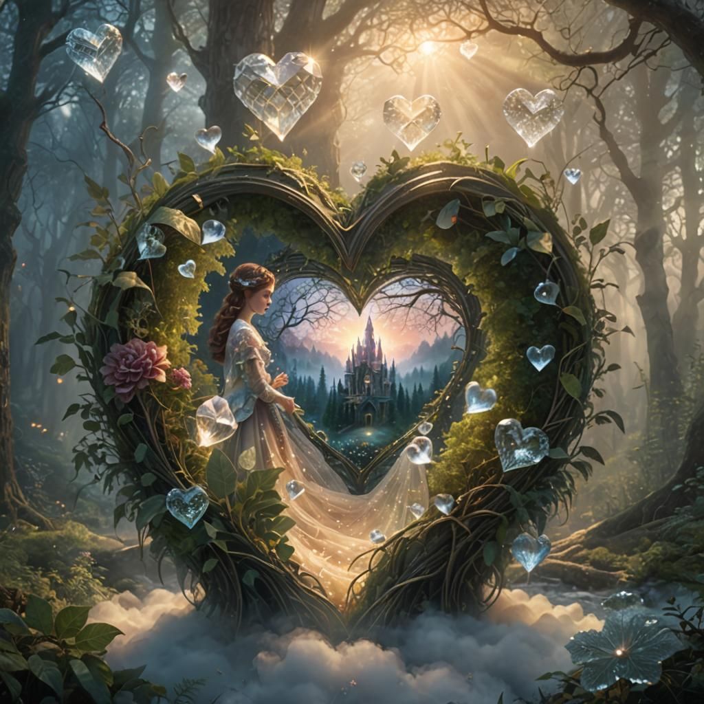 Woman with Crystal Heart in Dreamlike Forest