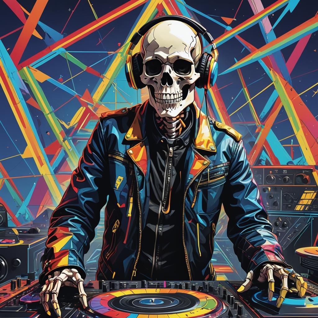 Skeleton DJ Mixing Turntables in Pop Art Style