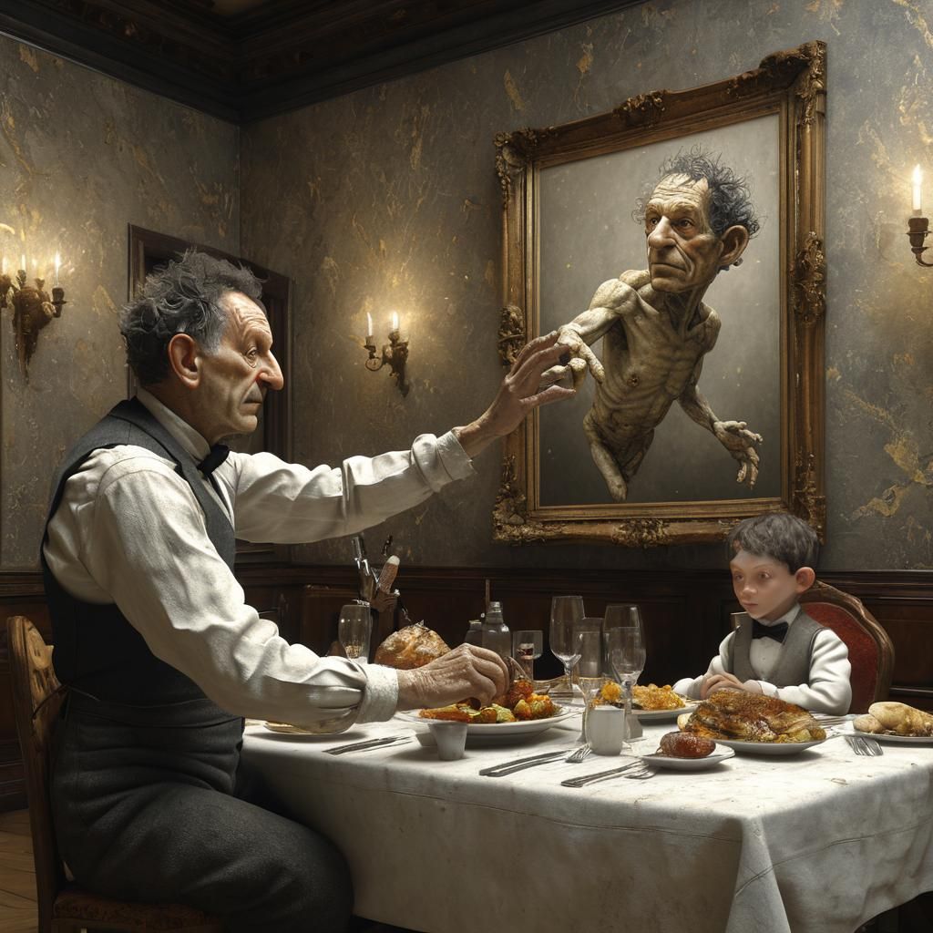 Waiter Serving Dinner, Hyperreal Digital Art