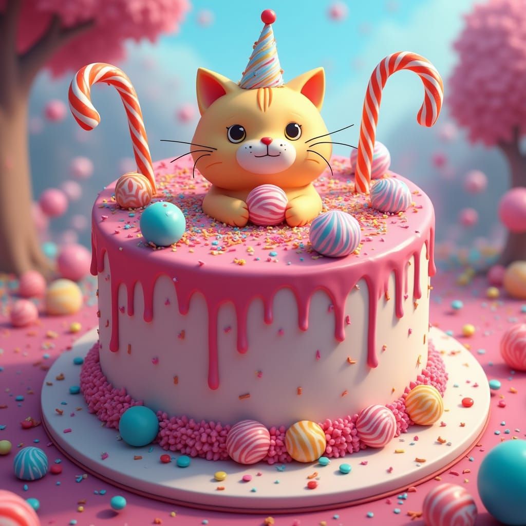 Giant Cat Birthday Cake in Candyland, Digital Art