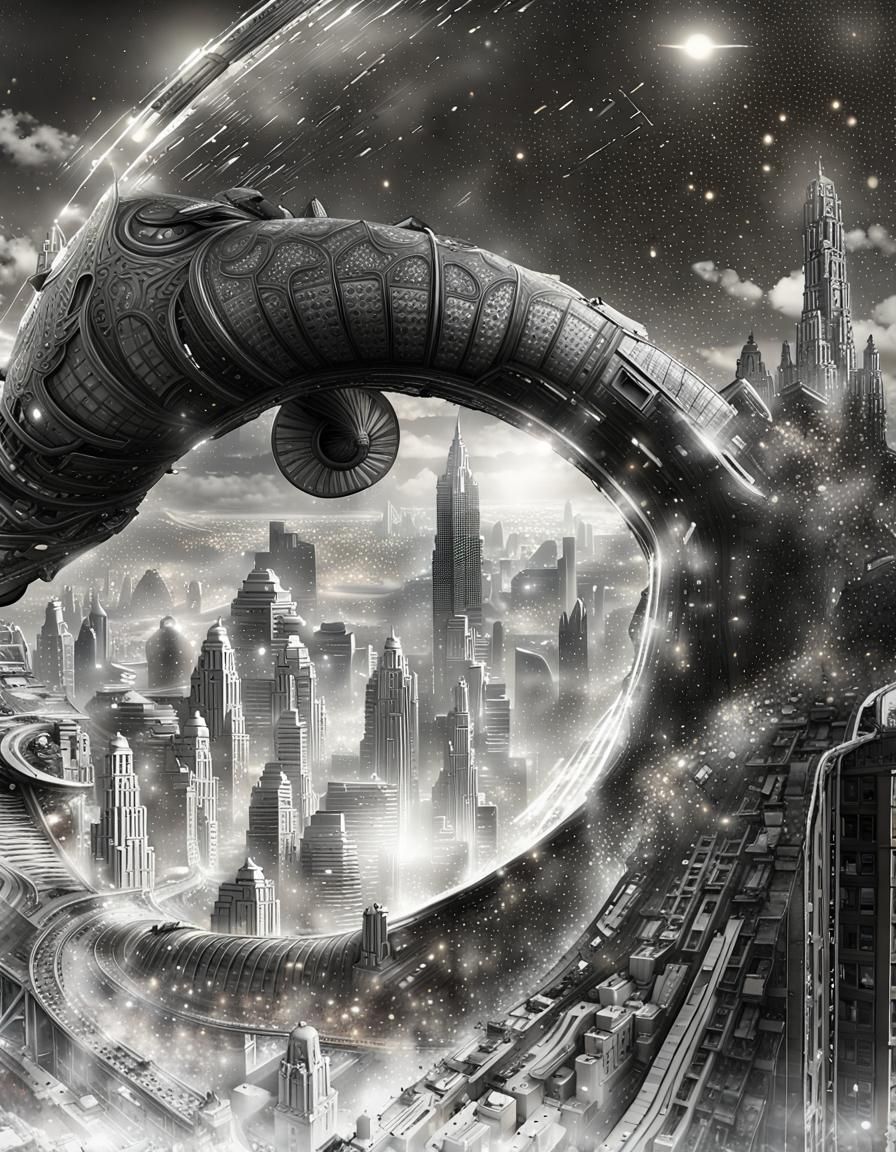 Futuristic Cityscape with Bizarre Creatures in Detailed 8K