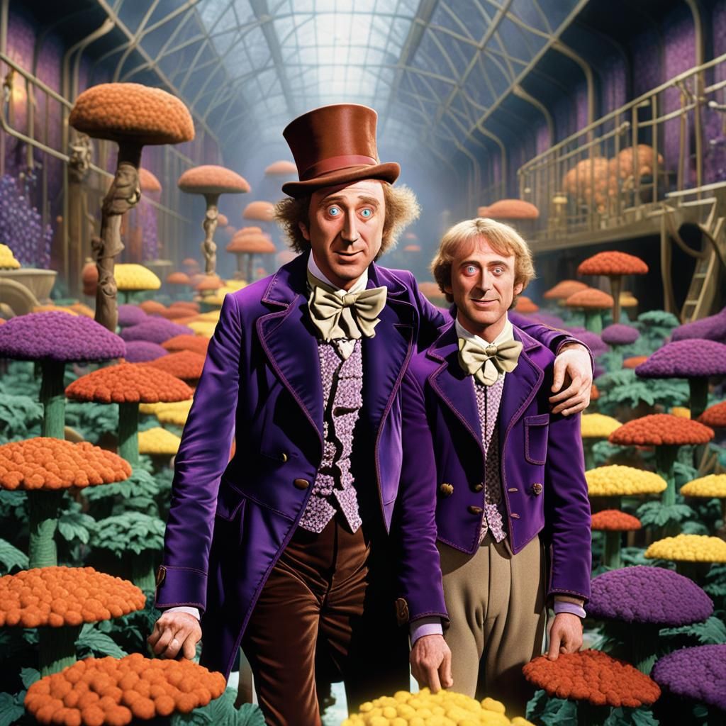 Gene Wilder as Willy Wonka, and 14 year-old Peter Ostrum as the Charlie Bucket, in the chocolate factory.