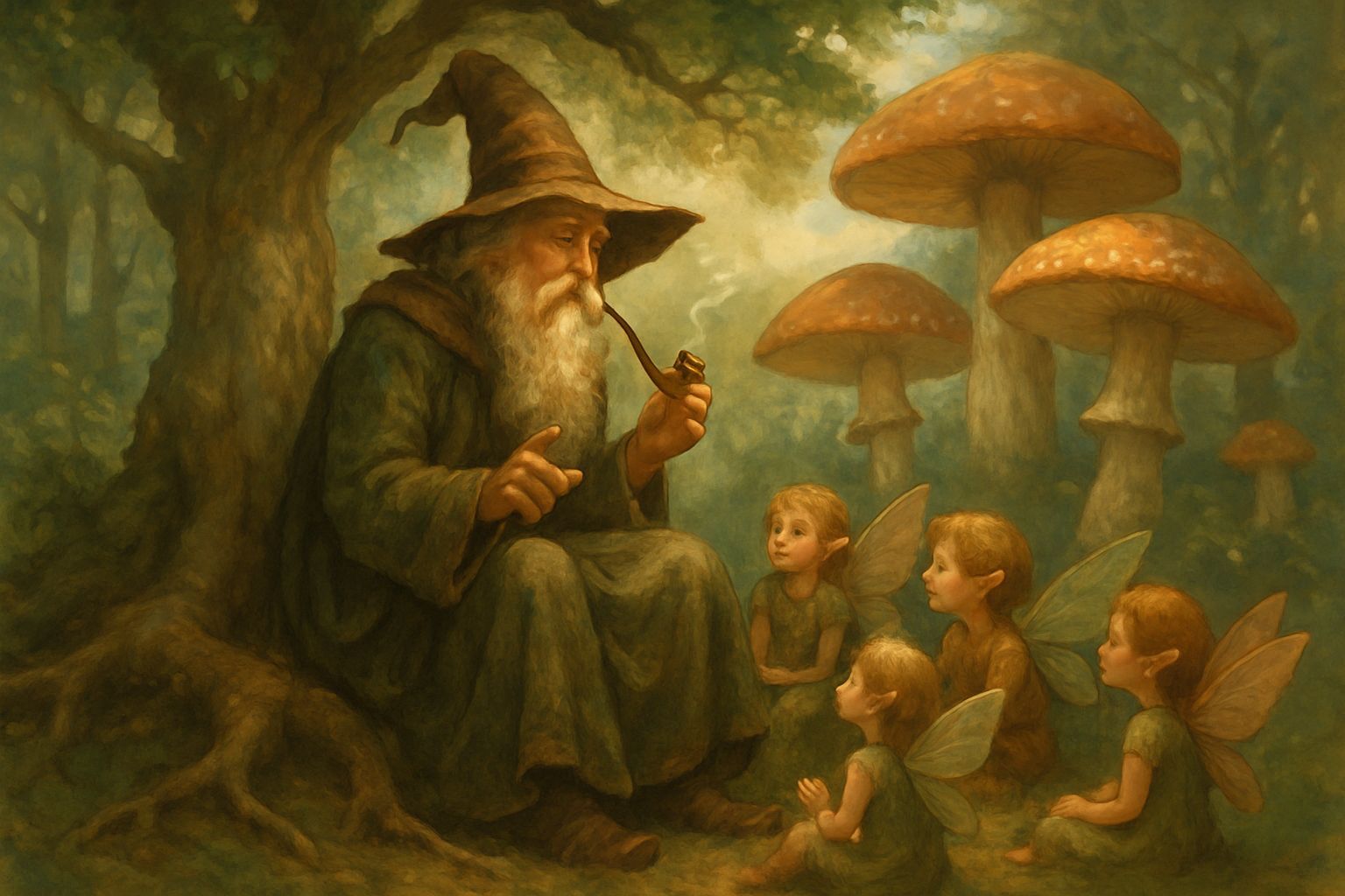 Wizard Telling Stories to Fairy Children