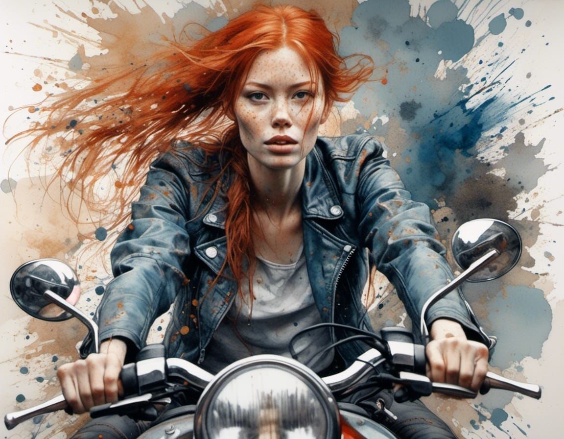 Redhead Biker Girl in Textured Watercolor Style