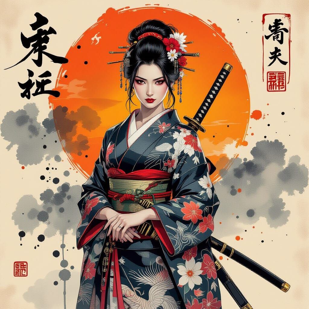 Cinematic Digital Painting of Japanese Warrior Woman with Ka...