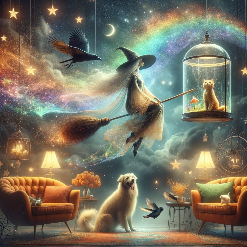 Whimsical Witch Flies Through Starlit Night with Magical Com...