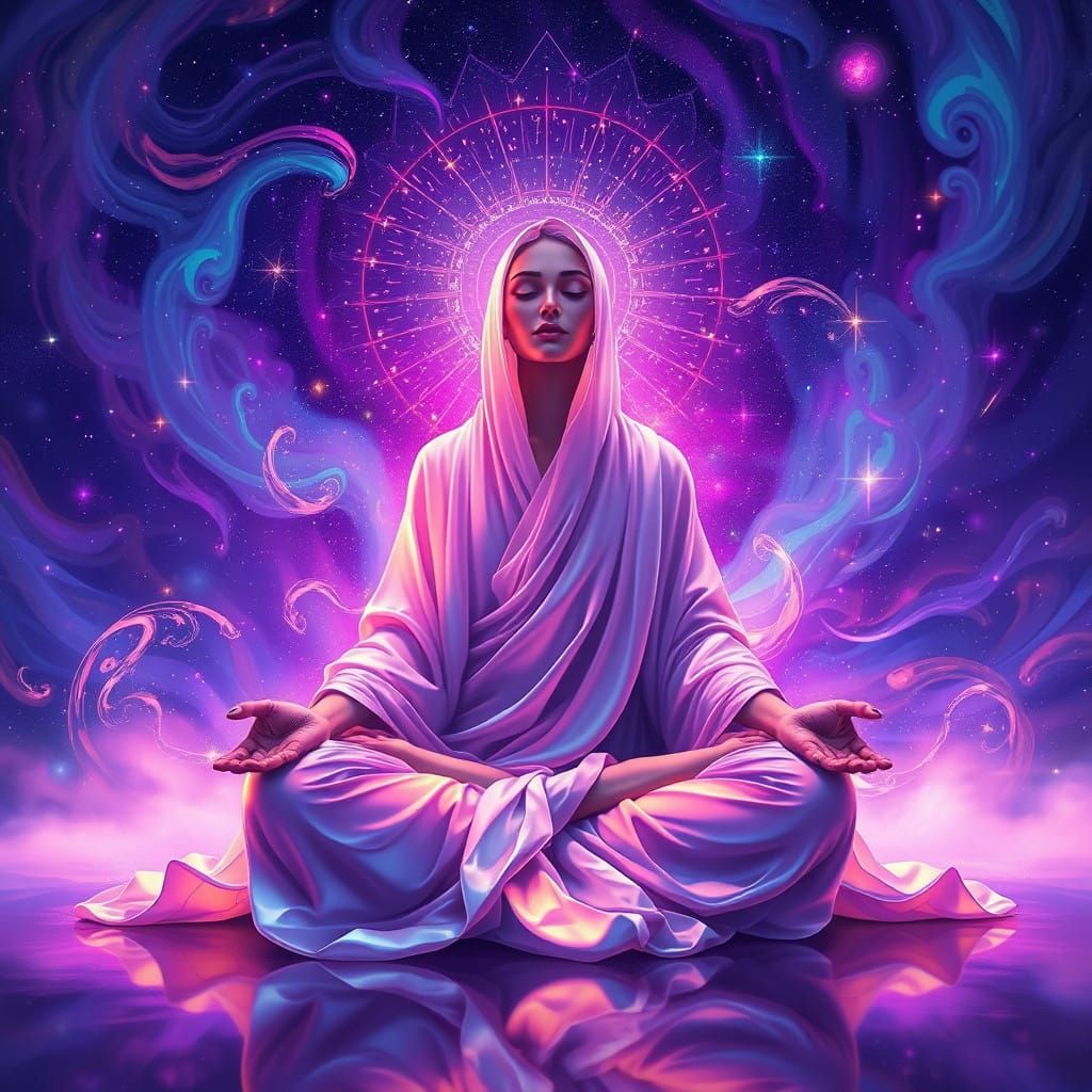 Serene Figure in Vibrant Cosmic Meditative Scene