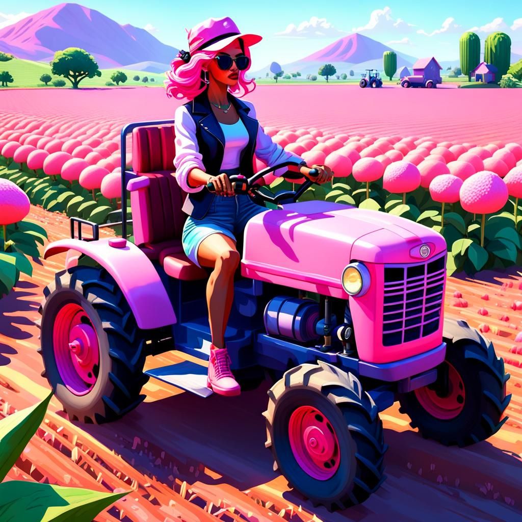 Fantasy Girl Drives Tractor: 3D Pink Impasto Art