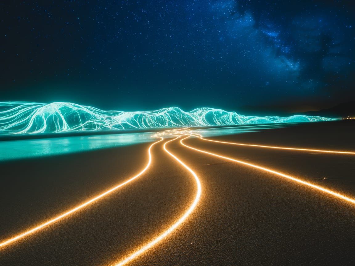 Glowing Turquoise Waves Under Starry Skies
