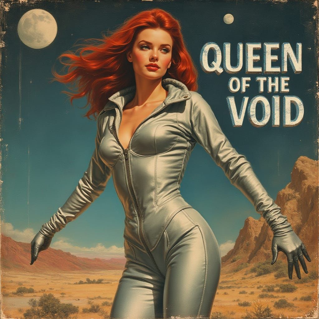 Redhead Explorer on Alien World in Vintage Sci-Fi Style