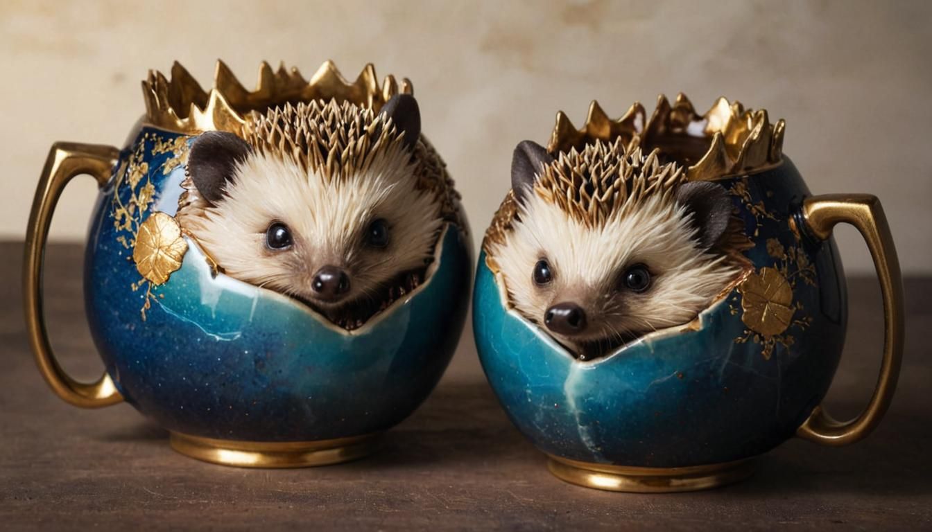 Hedgehogs in Kintsugi Cup: Surreal Fantasy Art