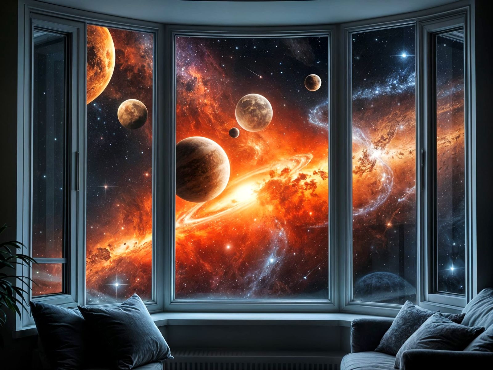 Cosmic View Through Modern Bay Window