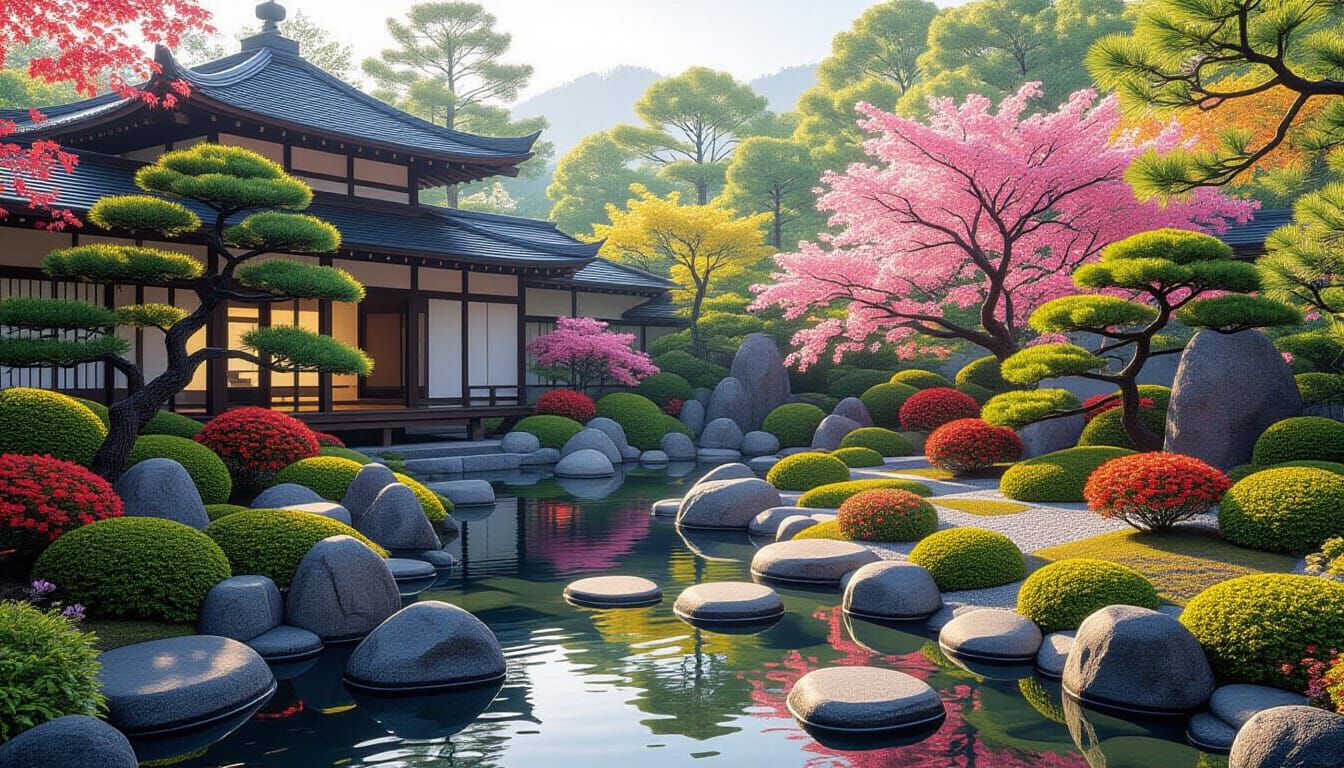 Serene Japanese Garden with Bonsai and Water Features