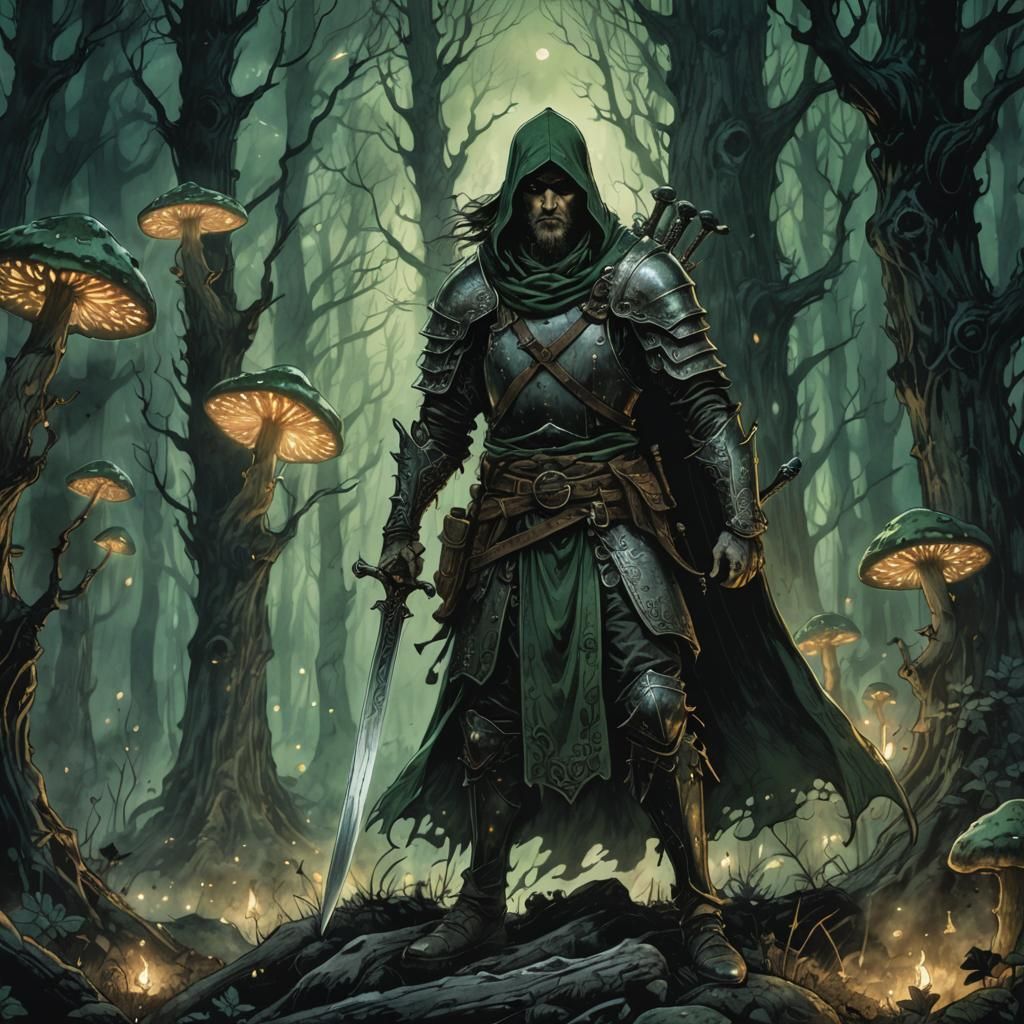 Mystical Forest Warrior in Arthur Rackham Style