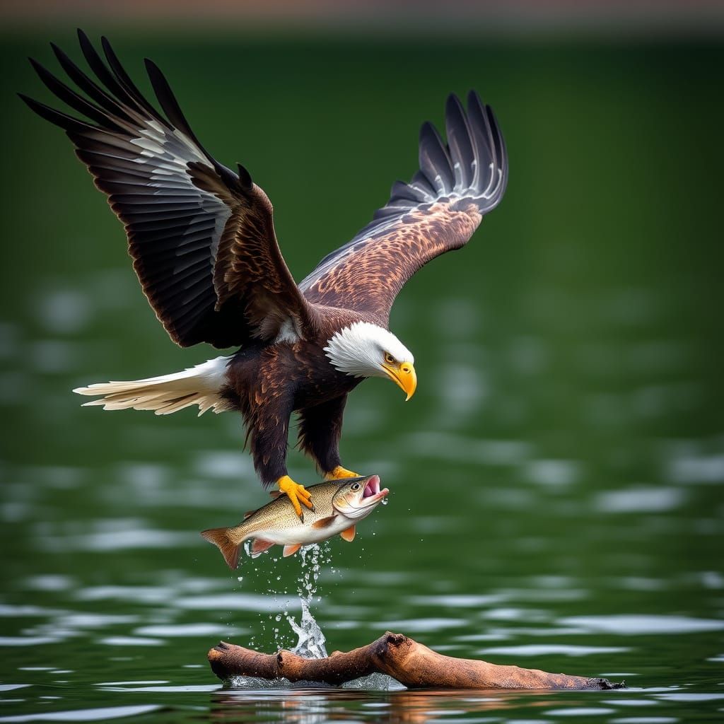 A bald eagle captures a fish