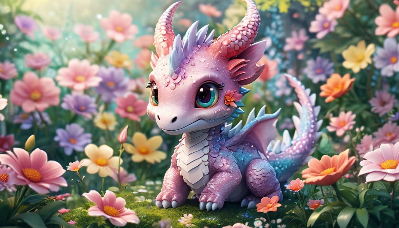 Chibi Dragon in Flower Garden Anime Illustration