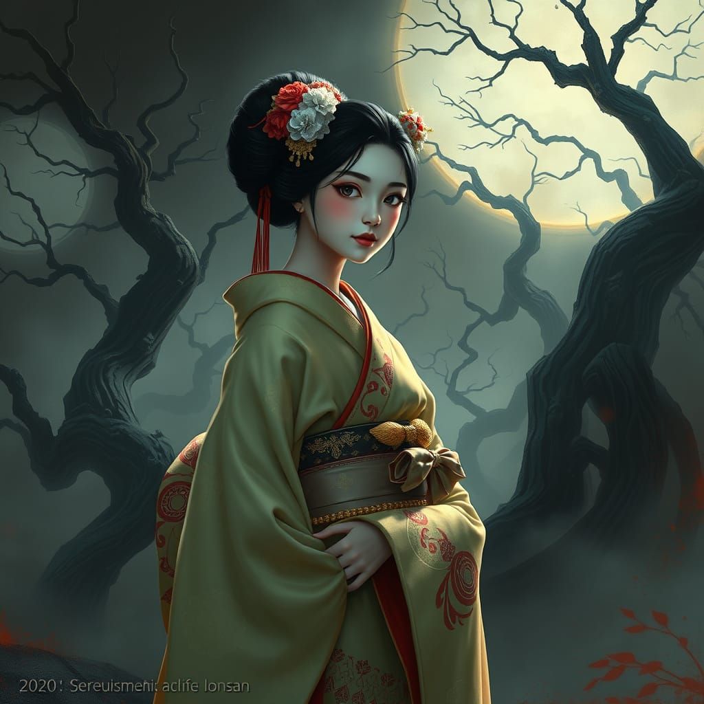 Maiko Geisha in Chartreuse Kimono: A Surreal Portrait