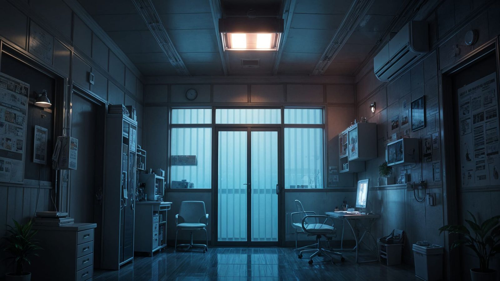Cozy Military Doctor's Office at Night in 3D Anime Style