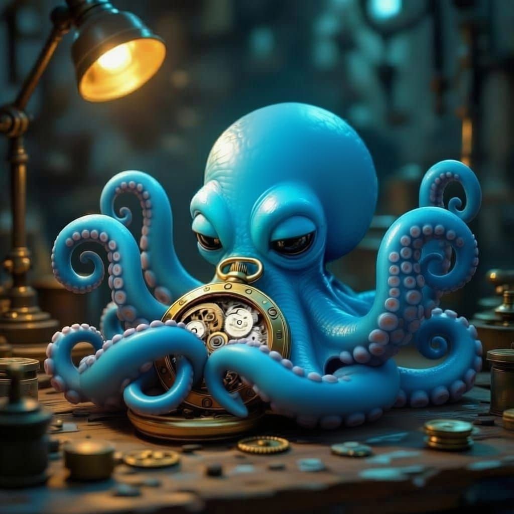 Baby Blue Octopus Examines Eye Through Magnifying Glass