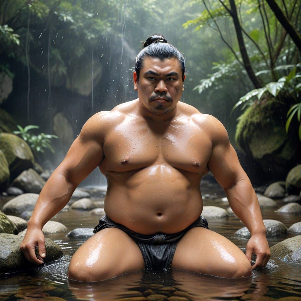 Muscular Sumo Wrestler in Serene Japanese Waterfall Setting