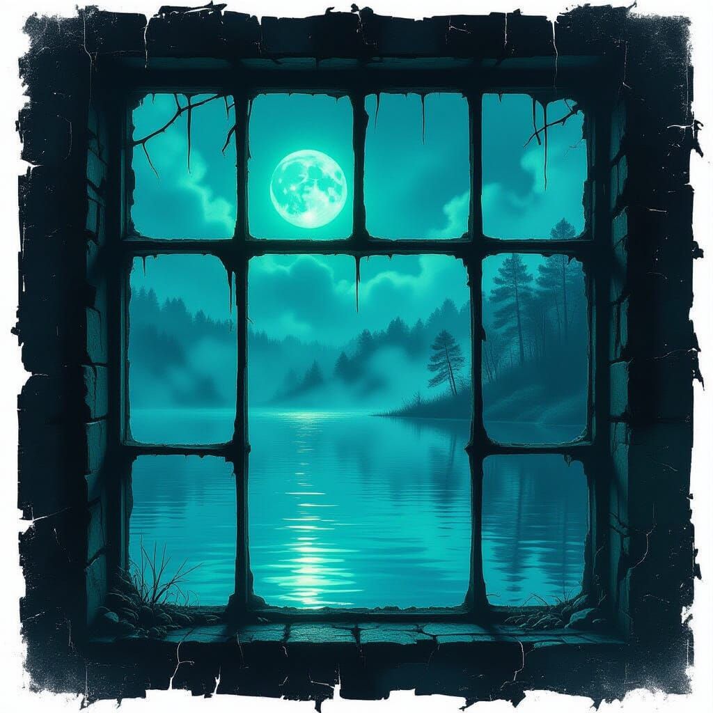 Moonlit Lakeside Through Ominous Lab Window