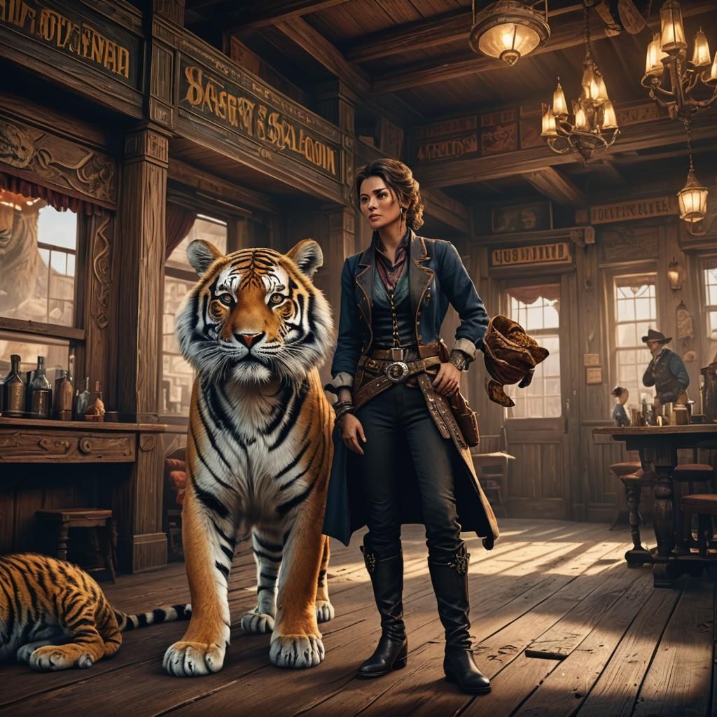 Woman with Tiger Cub in Old West Saloon