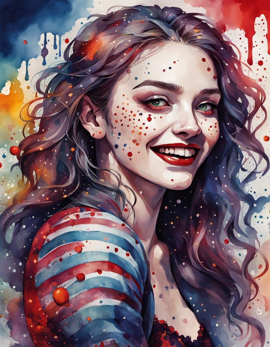 Vampire Smiles: Vibrant Watercolor Ink Portrait