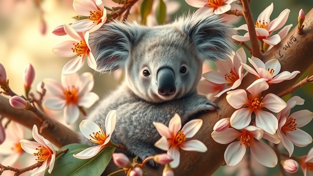 Serene Baby Koala on Eucalyptus Branch in Vibrant Bloom