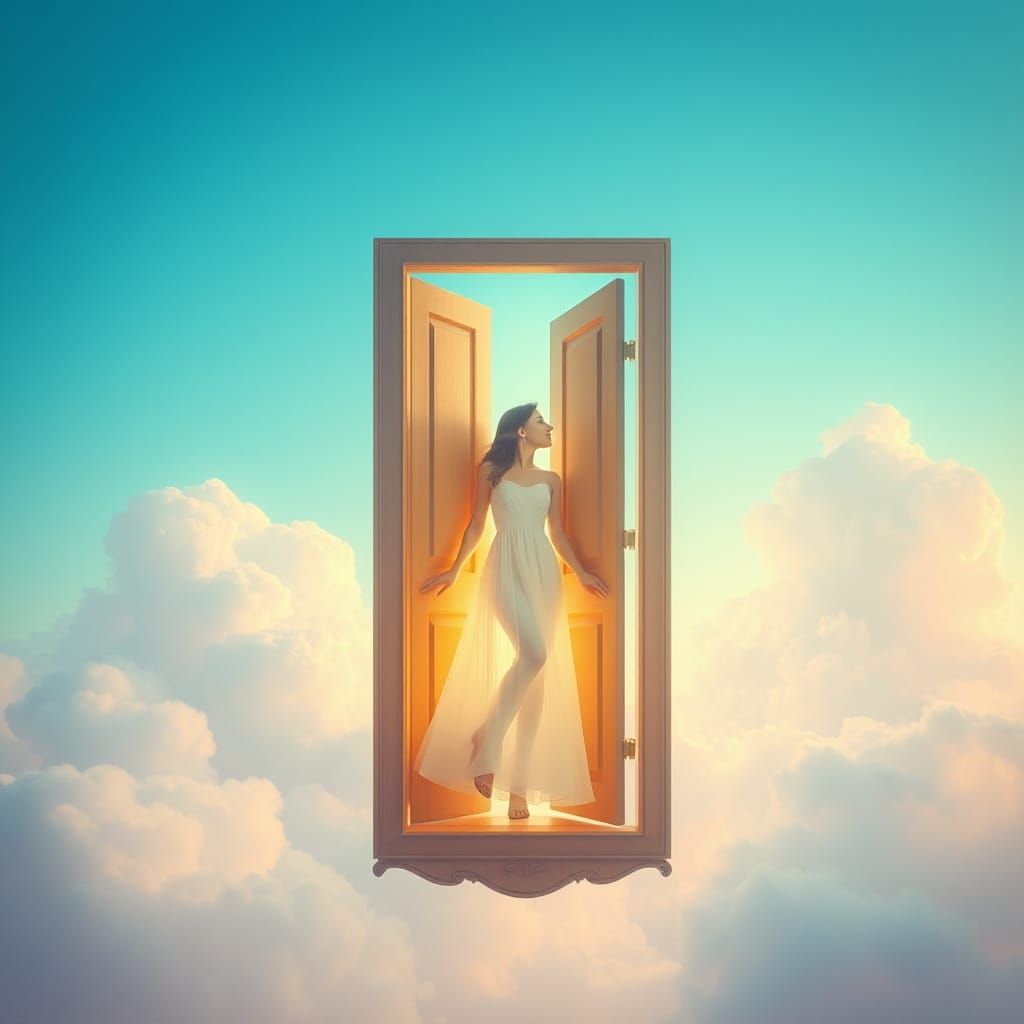 Mystical Woman in Floating Doorway Amidst Clouds