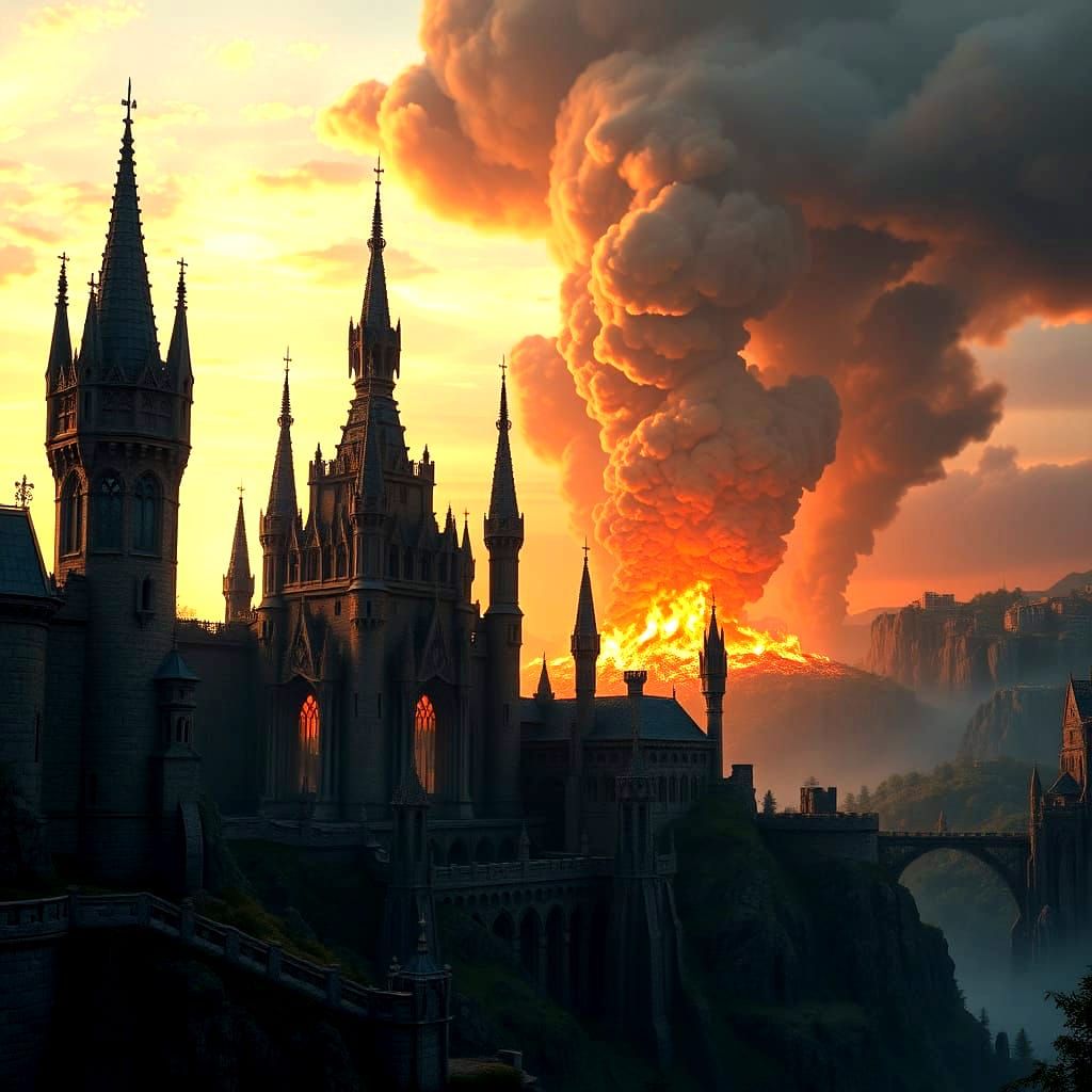 Gothic Castle in Ruins at Sunrise