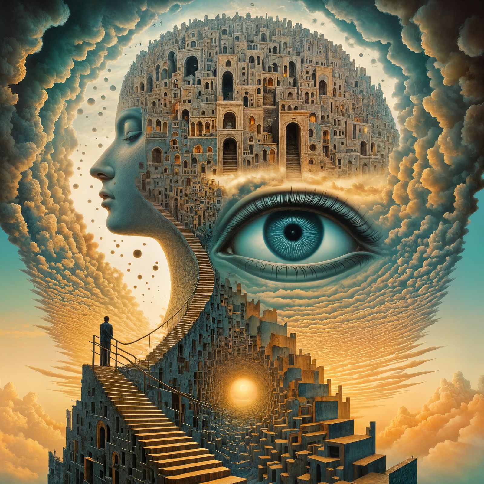 Surreal Dreamscape with Impossible Stairway and Sunset