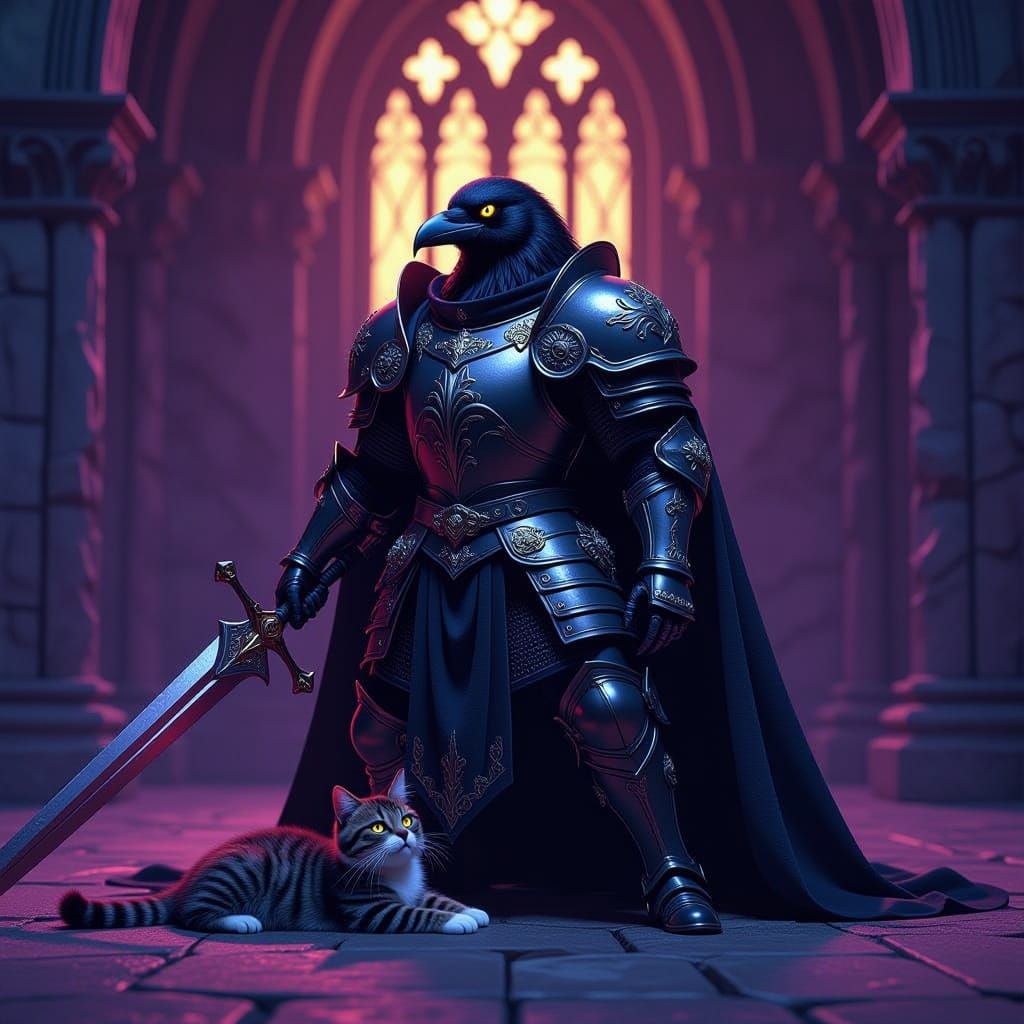 Raven Knight Triumphs Over Cat in Dark Fantasy Art