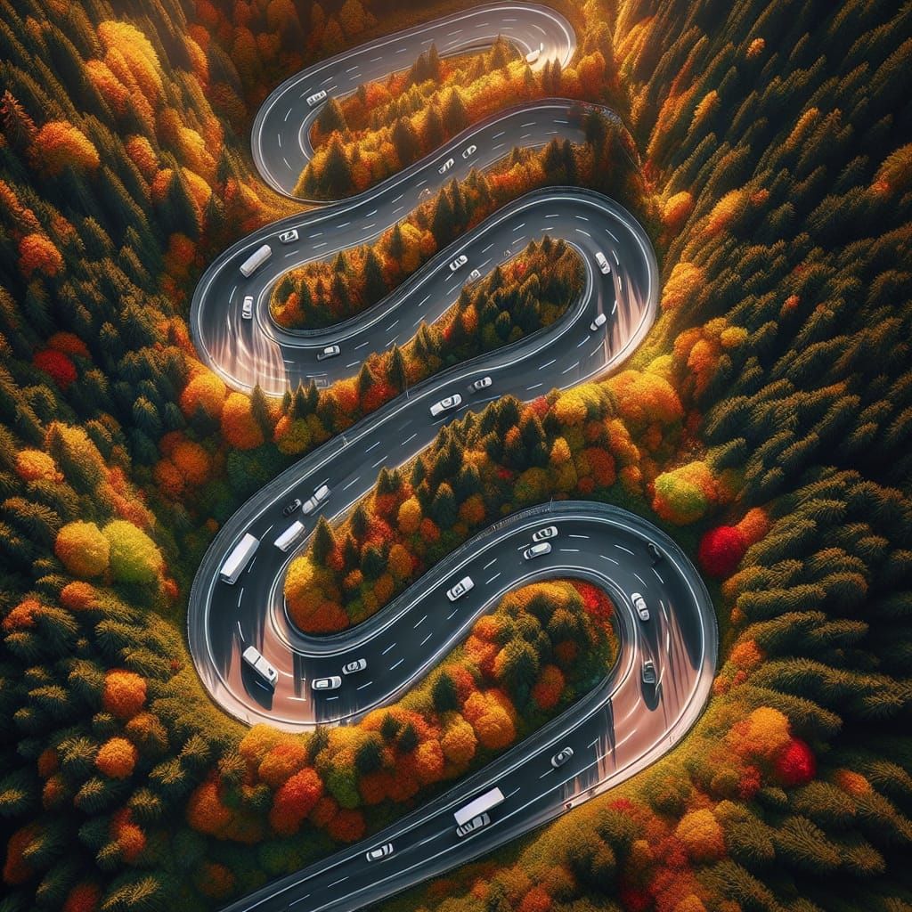 Aerial View of Serpentine Road Through Autumn Forest