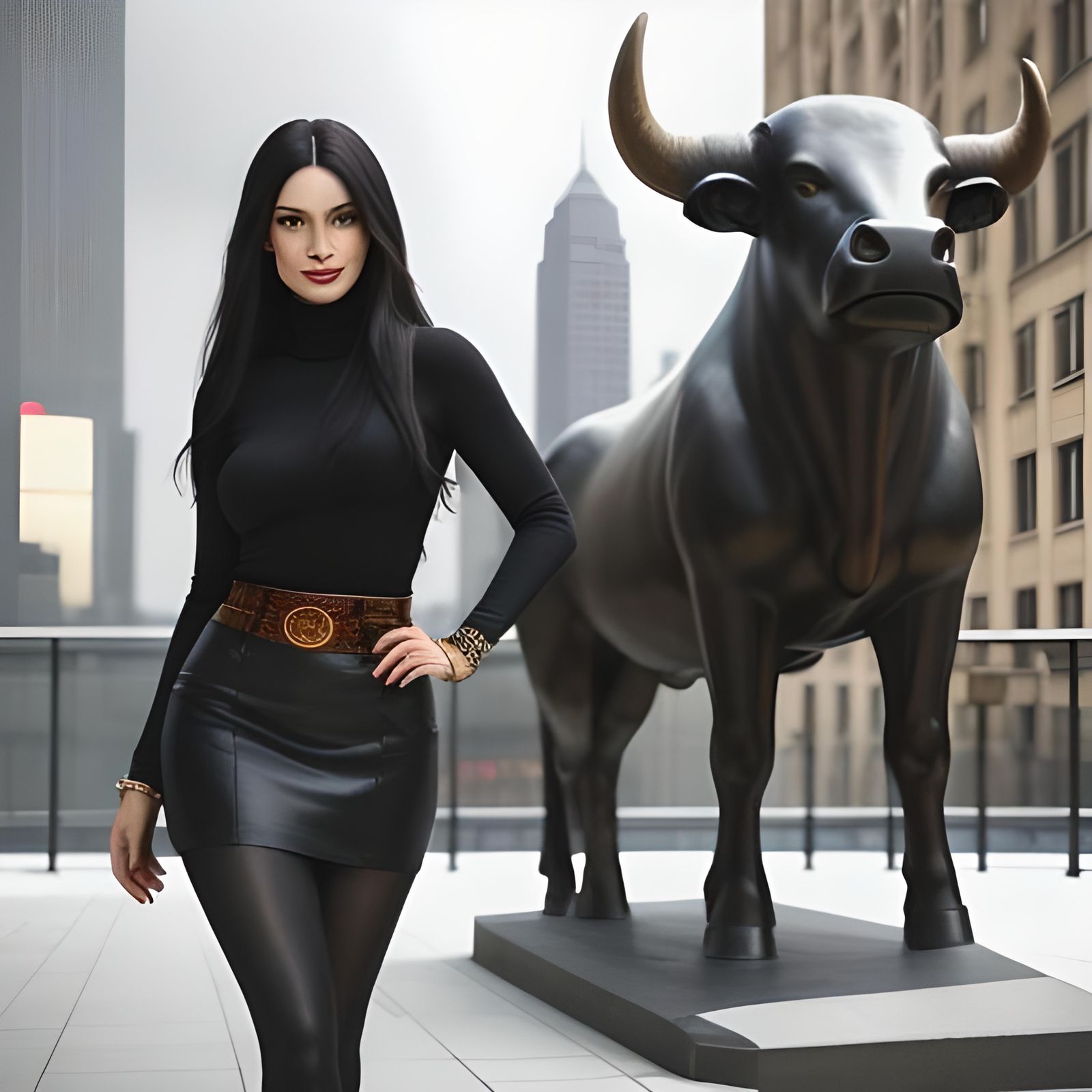 Woman Poses by Bronze Bull Statue in HDR