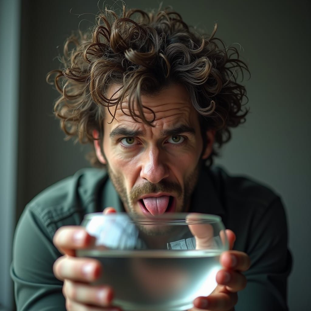 Hyperrealistic Man with Wild Hair and Glass Bowl