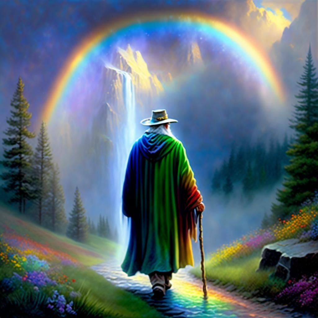 Old Sage Walking with Rainbow Trail, Fantasy Art
