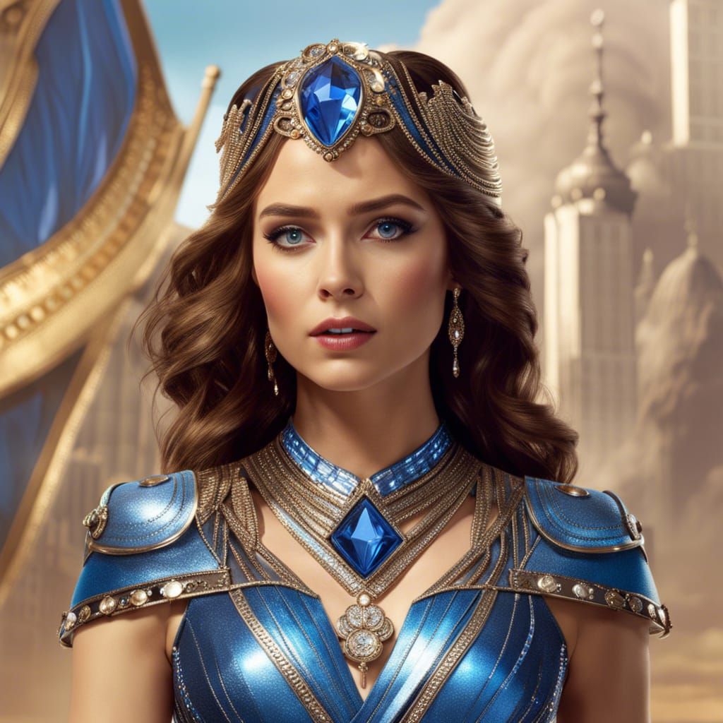 Woman in Metallic Blue Sapphire Costume
