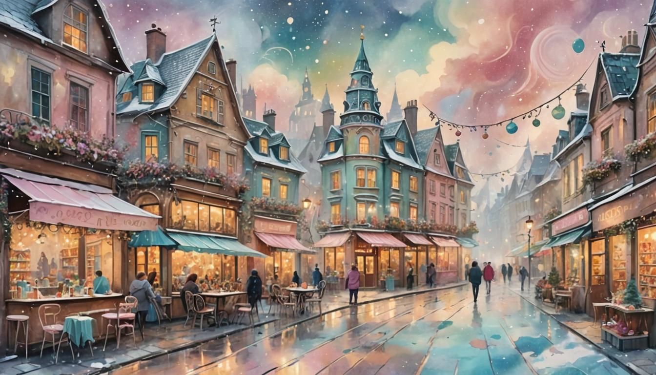 Dreamy Christmas Street Scene in Shabby Chic Style